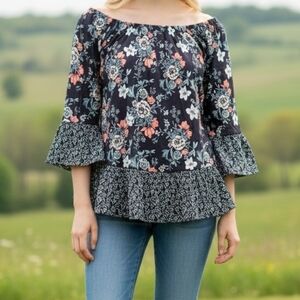 Style & Co. Navy Floral Off-the-Shoulder Peplum Blouse with Coral Accents 4045